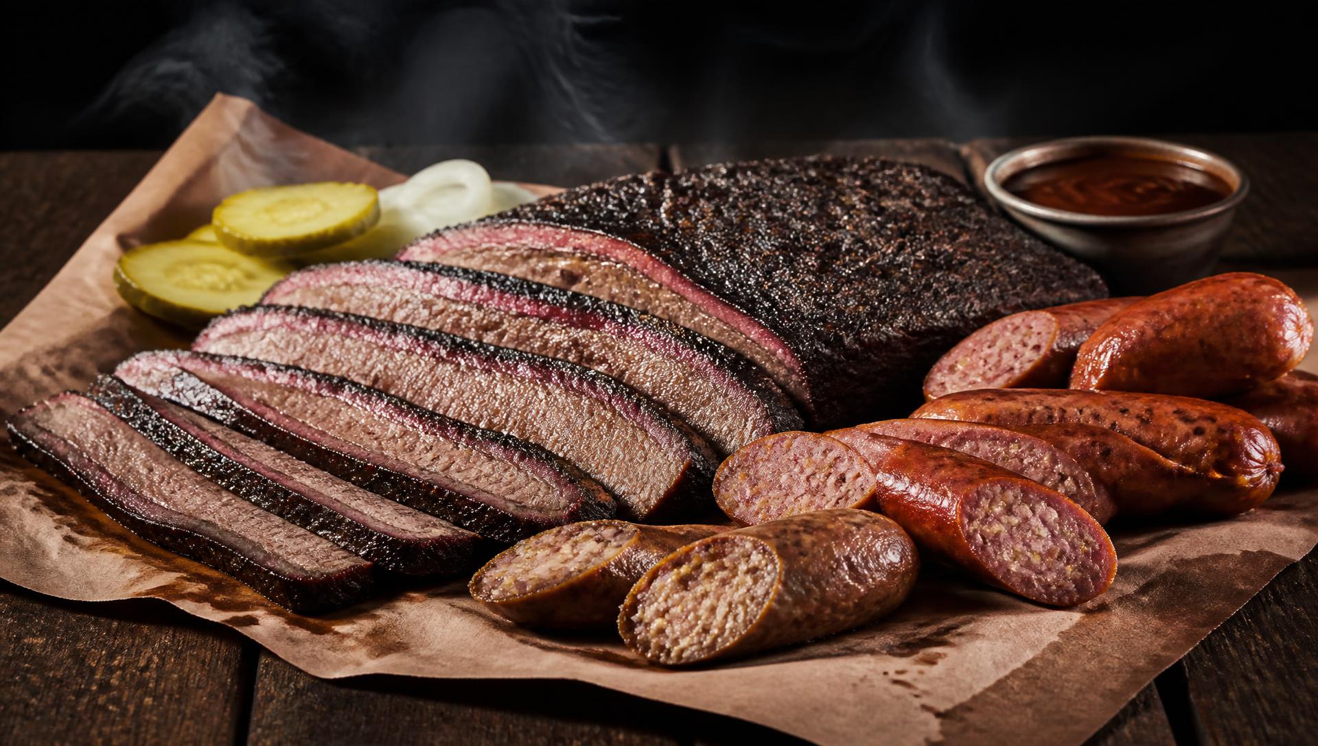 Sliced smoked brisket and sausage on butcher paper with smoke rising