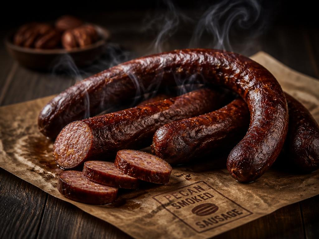 Pecan smoked sausage links with smoke rising on butcher paper